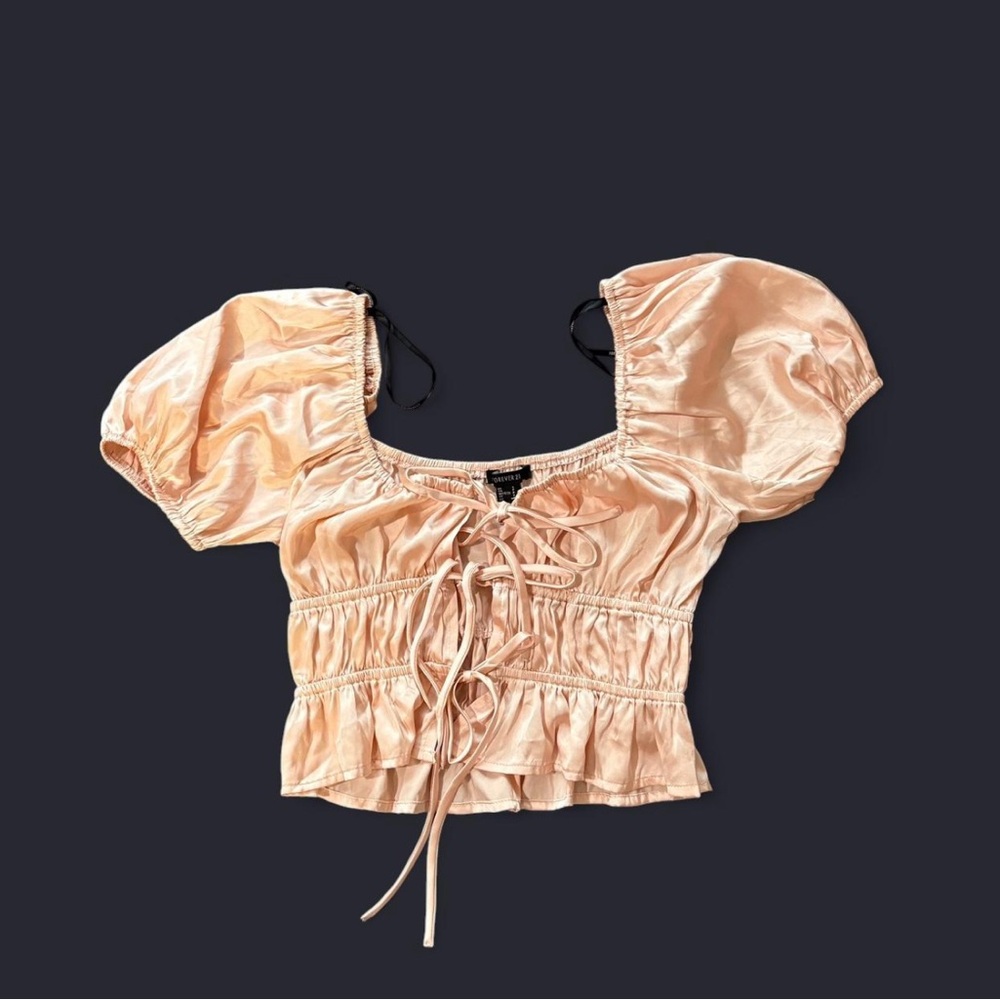 Peach Satin Puff Sleeve Tie-Front Crop Top